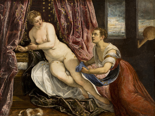 Le Miracle de saint Augustin — 1547-1549 Le premier grand coup d'éclat de Tintoret, peint alors qu'il n'a pas trente ans. Un saint surgit d'un ciel d'orage pour guérir une foule d'infirmes ; au premier plan, un malade tend la main vers le visiteur, dans un geste qui l'invite littéralement à entrer dans le miracle.